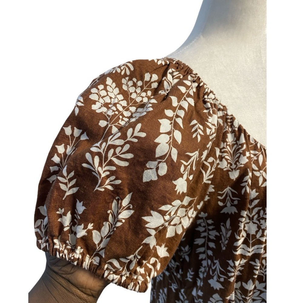 Reitmans Brown Floral Puff Sleeve Mini Dress Cottagecore Size L Linen Blend - Picture 9 of 14